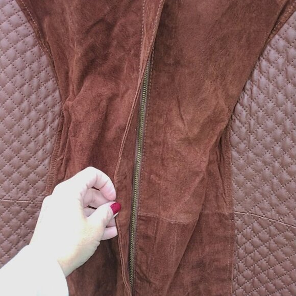Isaac Mizrahi Women's 22W Suede Leather Moto Jacket Brown Rust Quilted Zip Up - Picture 5 of 15